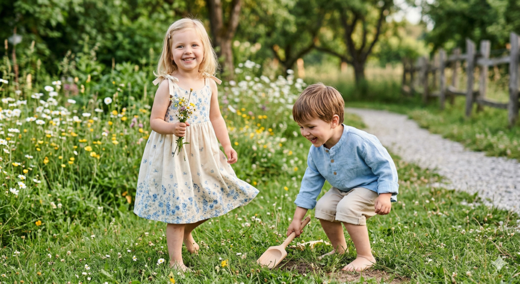 A girl and boy playing in garden during summer season