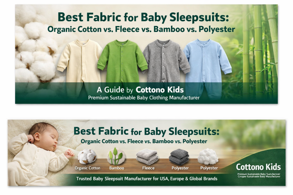Premium baby sleepsuits made from organic cotton, bamboo, fleece, and polyester by Cottono Kids baby sleepsuit manufacturer
