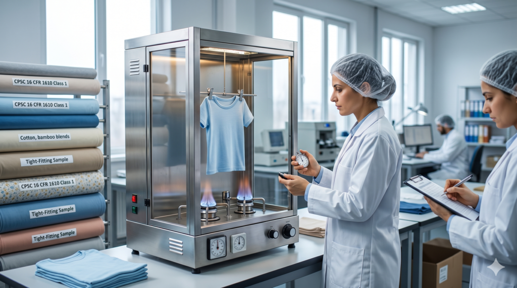 Technicians in a textile testing laboratory conducting a 45-degree flammability test on a children's t-shirt sample inside a stainless steel burning chamber, with rolls of fabric marked for CPSC 16 CFR 1610 compliance in the background.